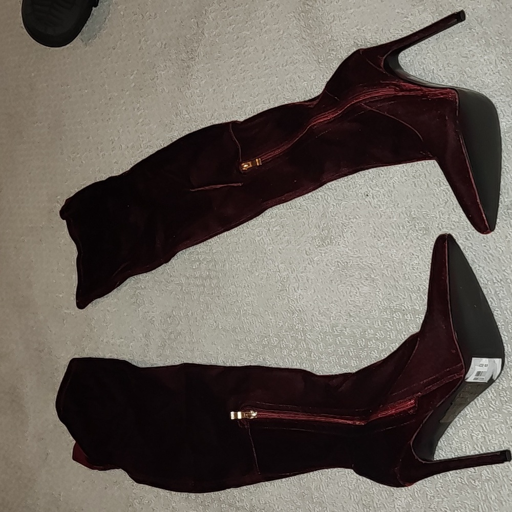 Velvet burgundy high heel boots